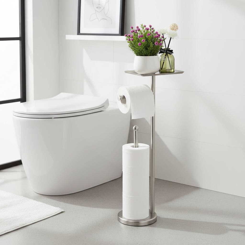 Alt View 1. Dazzed Corner - Freestanding Toilet Paper Holder Stand,4 Extra Rolls - Brushed Nickel.