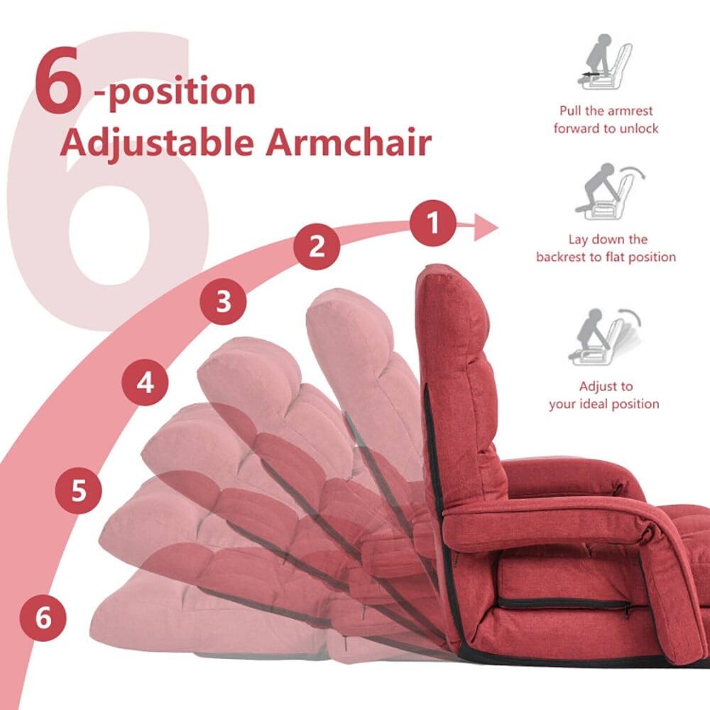 6-position Adjustable Armchair

1. Pull the armrest forward to unlock
2. Lay down the backrest to flat position
3. Adjust to your ideal position