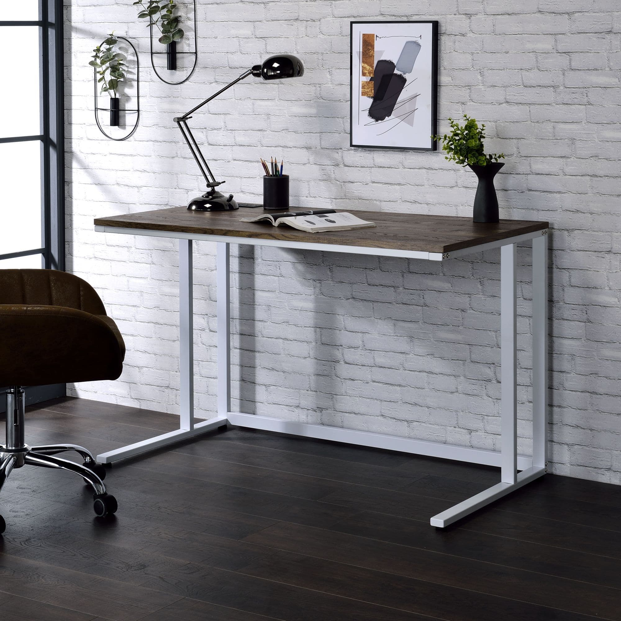 GOODSILO - Modern Walnut and White Finish Writing Desk with Built-in USB Charging Port and Power Outlet - Walnut+White
