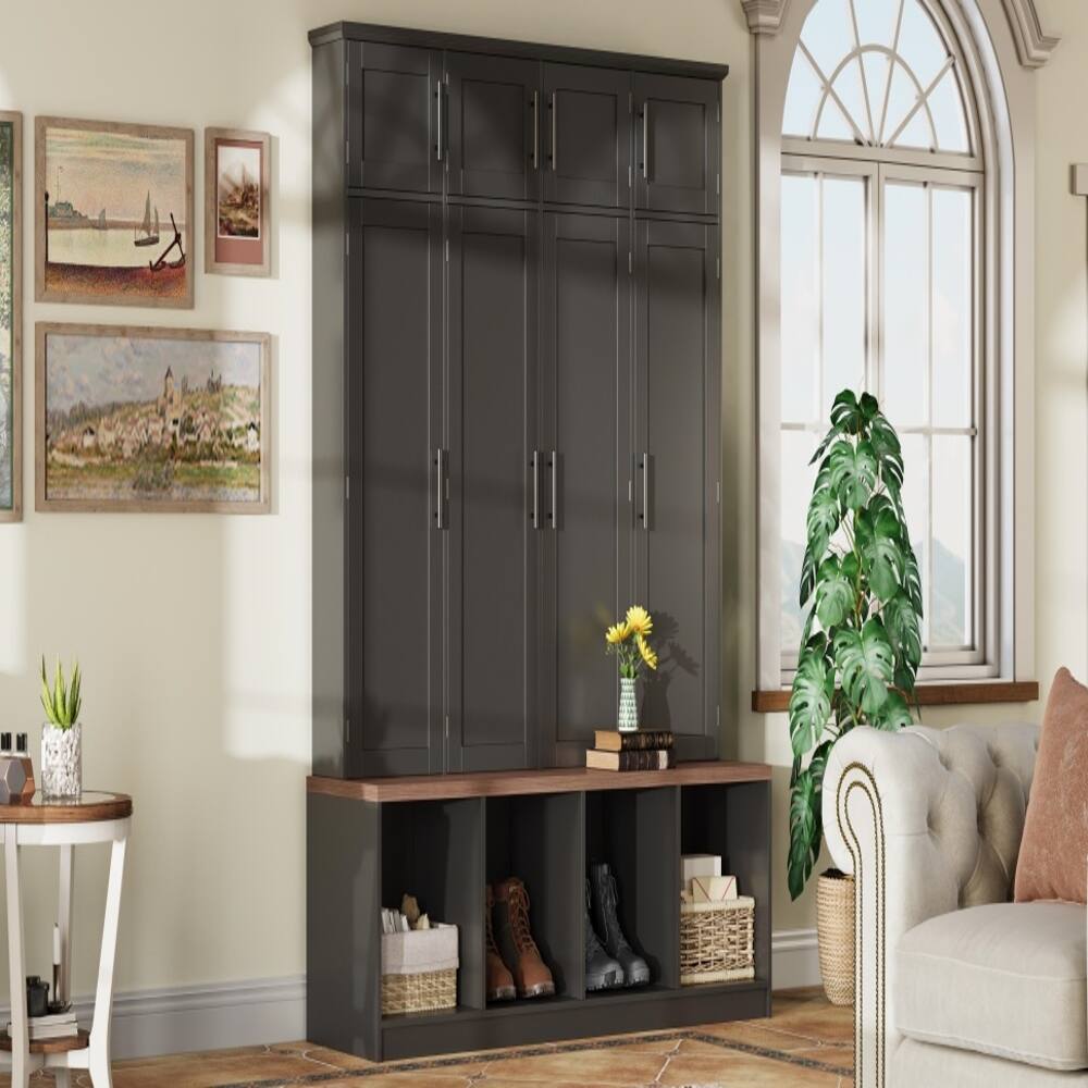 Alt View 10. Loheer - Loheer Farmhouse Hall Tree with Seating Bench, Black Entryway Shoe Cabinet, 75 Inch Tall - Black.