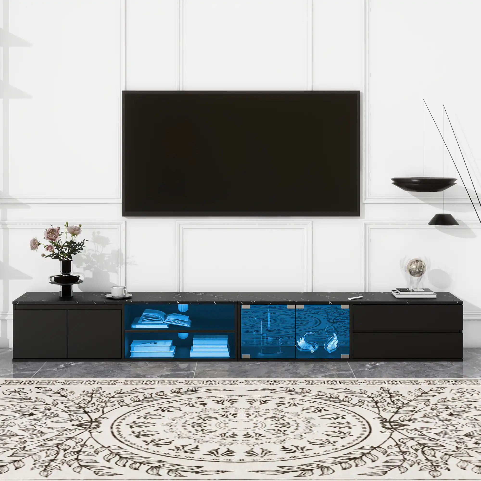 Angle. APRILSOUL - Modern APP Controlled LED TV Stand for TVs Up to 105in Faux Marble Tabletop Media Console Glass Doors 2 Drawers Cabinets - Black.