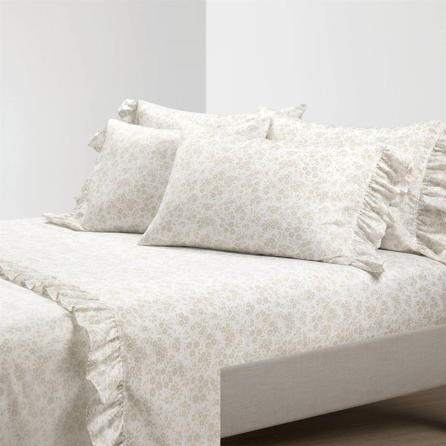 Angle. SlickBlue - Soft Polyester Sheet Set with Floral Ruffle, 6 Pieces for Bed - Tan.