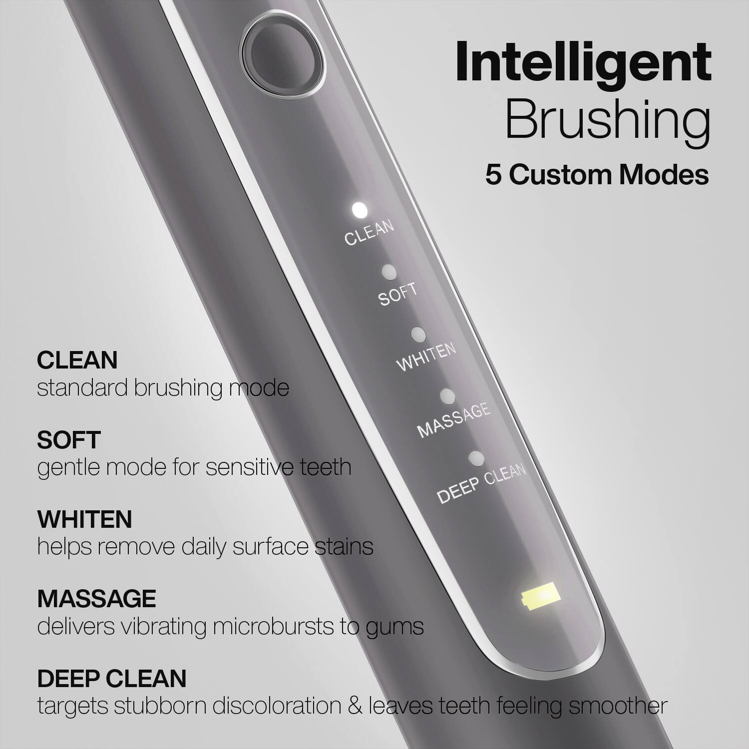 Intelligent Brushing  
5 Custom Modes

- **CLEAN**  
  standard brushing mode

- **SOFT**  
  gentle mode for sensitive teeth

- **WHITEN**  
  helps remove daily surface stains

- **MASSAGE**  
  delivers vibrating microbursts to gums

- **DEEP CLEAN**  
  targets stubborn discoloration & leaves teeth feeling smoother