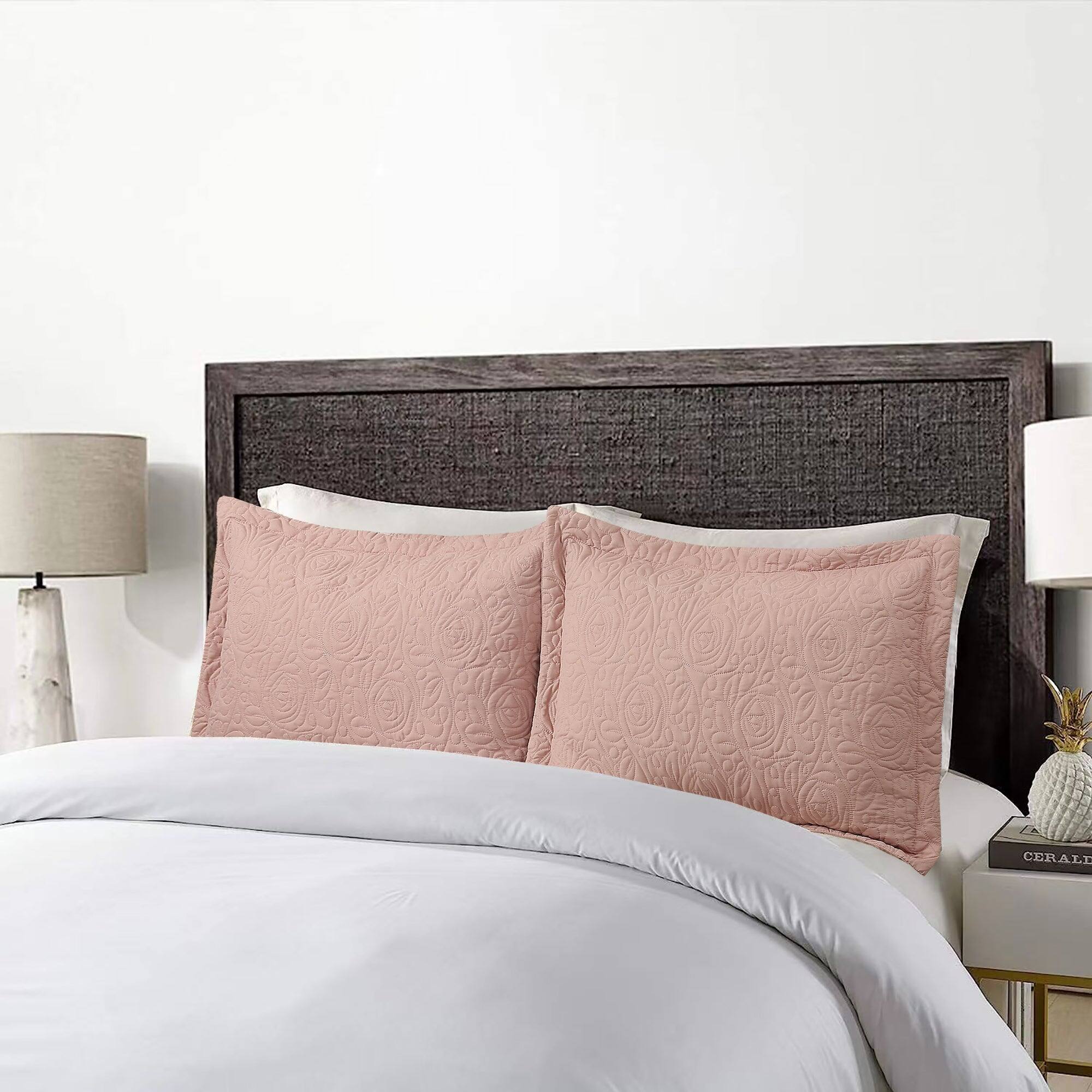 Angle. MarCielo - 2-Pack Embroidered Solid Color Pillow Shams Polyester - Teacup Rose.