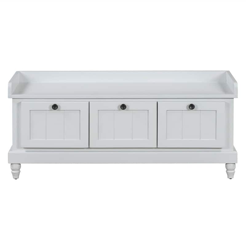 HTUTWOO - Shoe Storage Bench for Living Room Entryway Hallways - Bench with Cushion and Three Drawers, Fluted Entryway Bench - Light Gray