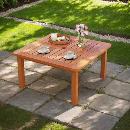 Front. Kadyn - Tables,Patio Tables,Patio Coffee Table with Umbrella Hole and Teak Oil Finish - Brown.