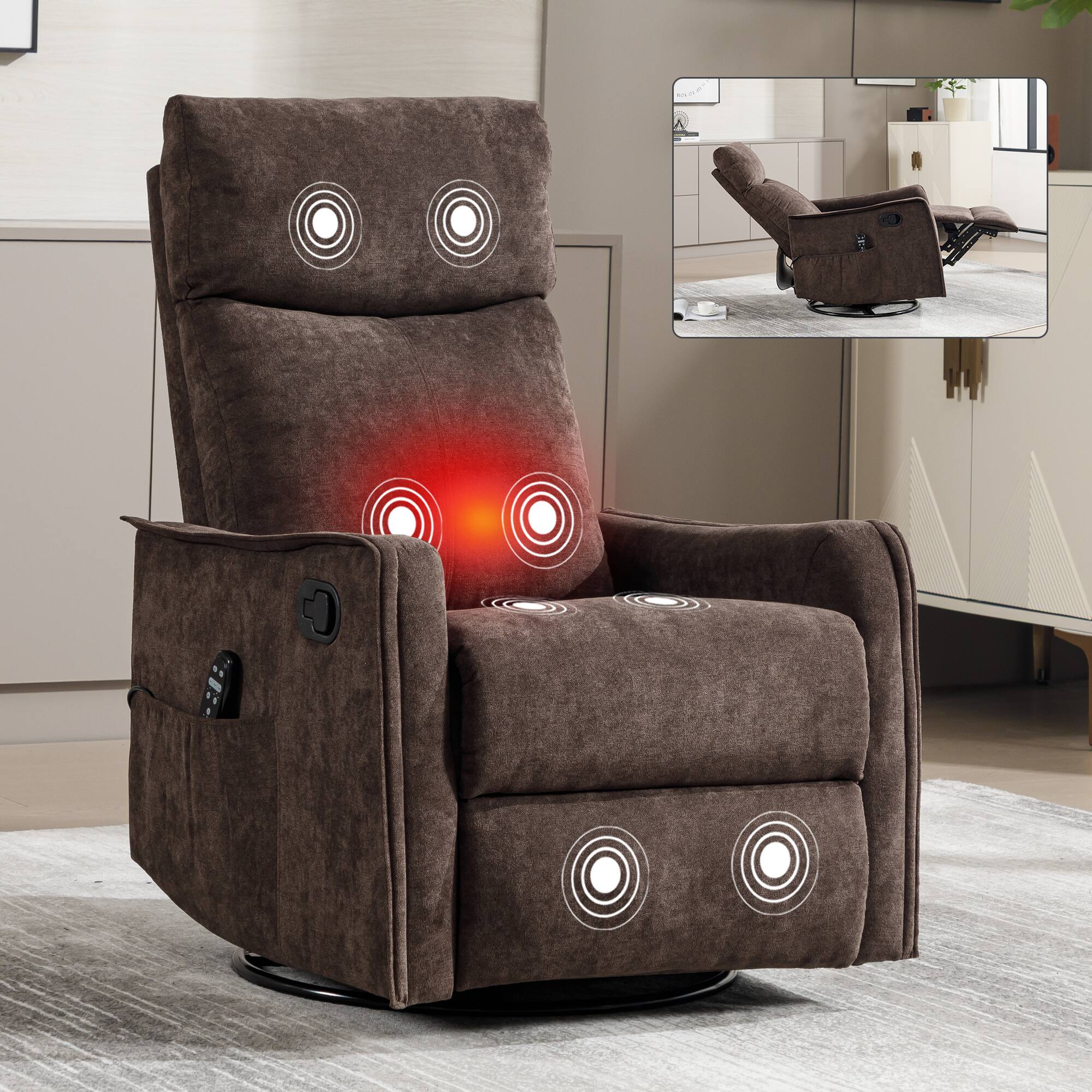 Left. Akoasm - Heat Massage Chair Manual Recliner Chair with Rocker and Swivel in Fabric for Living Room-Brown - Brown.