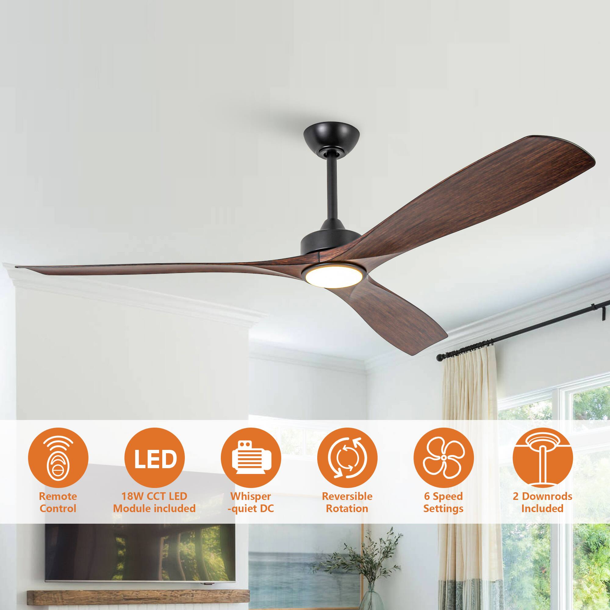 - Remote Control
- 18W CCT LED Module included
- Whisper-quiet DC
- Reversible Rotation
- 6 Speed Settings
- 2 Downrods Included