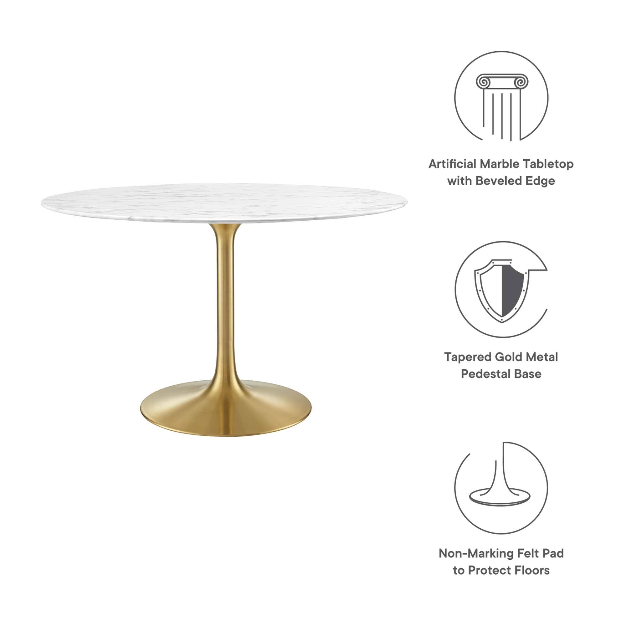 Artificial Marble Tabletop with Beveled Edge  
Tapered Gold Metal Pedestal Base  
Non-Marking Felt Pad to Protect Floors