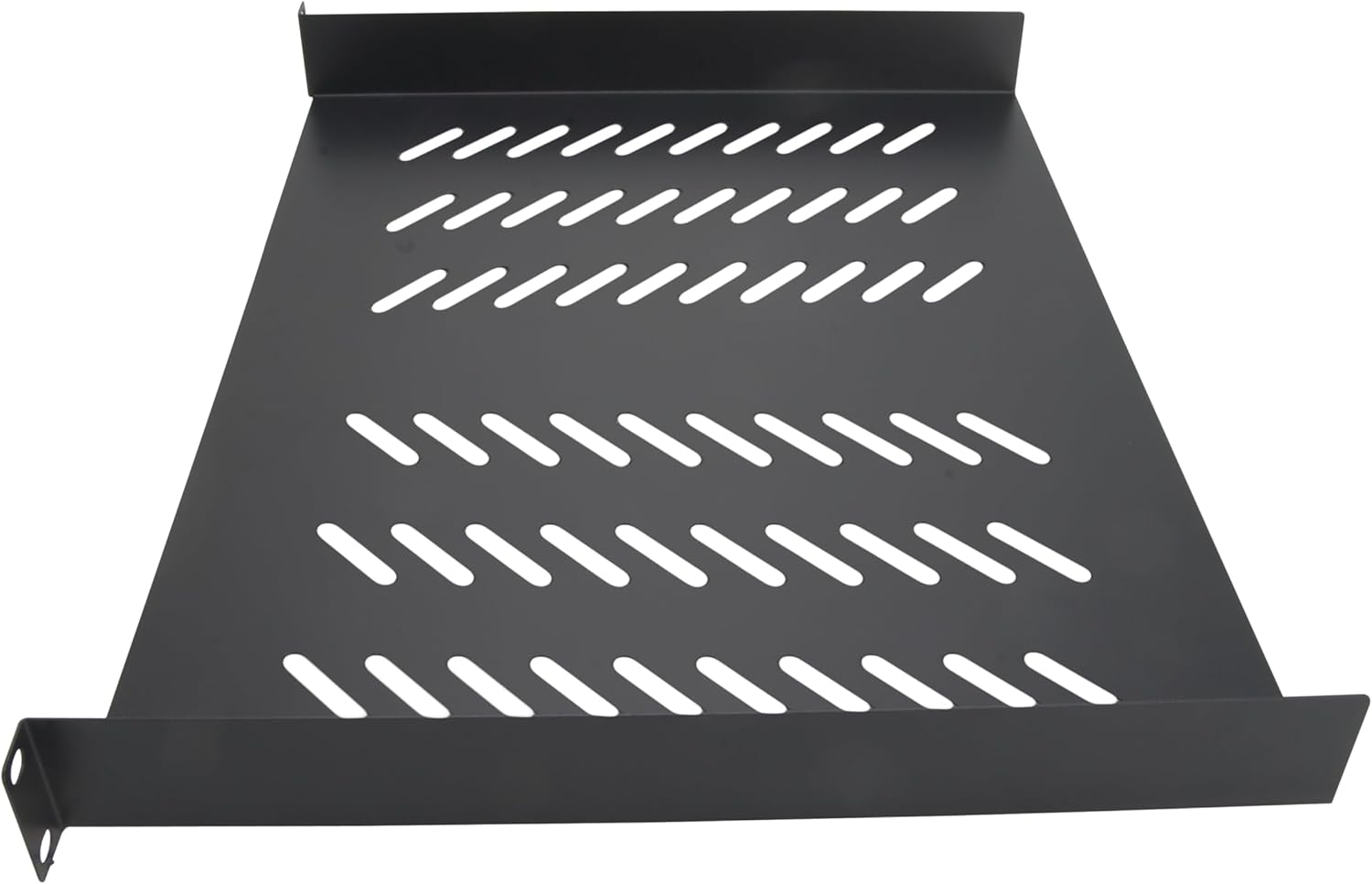 Left. Cables Direct Online - 1U 19" Vented Server Rack Shelf – 14" (350mm) Deep No-Lip Universal Mount Tray, 11 lb Capacity - Black.
