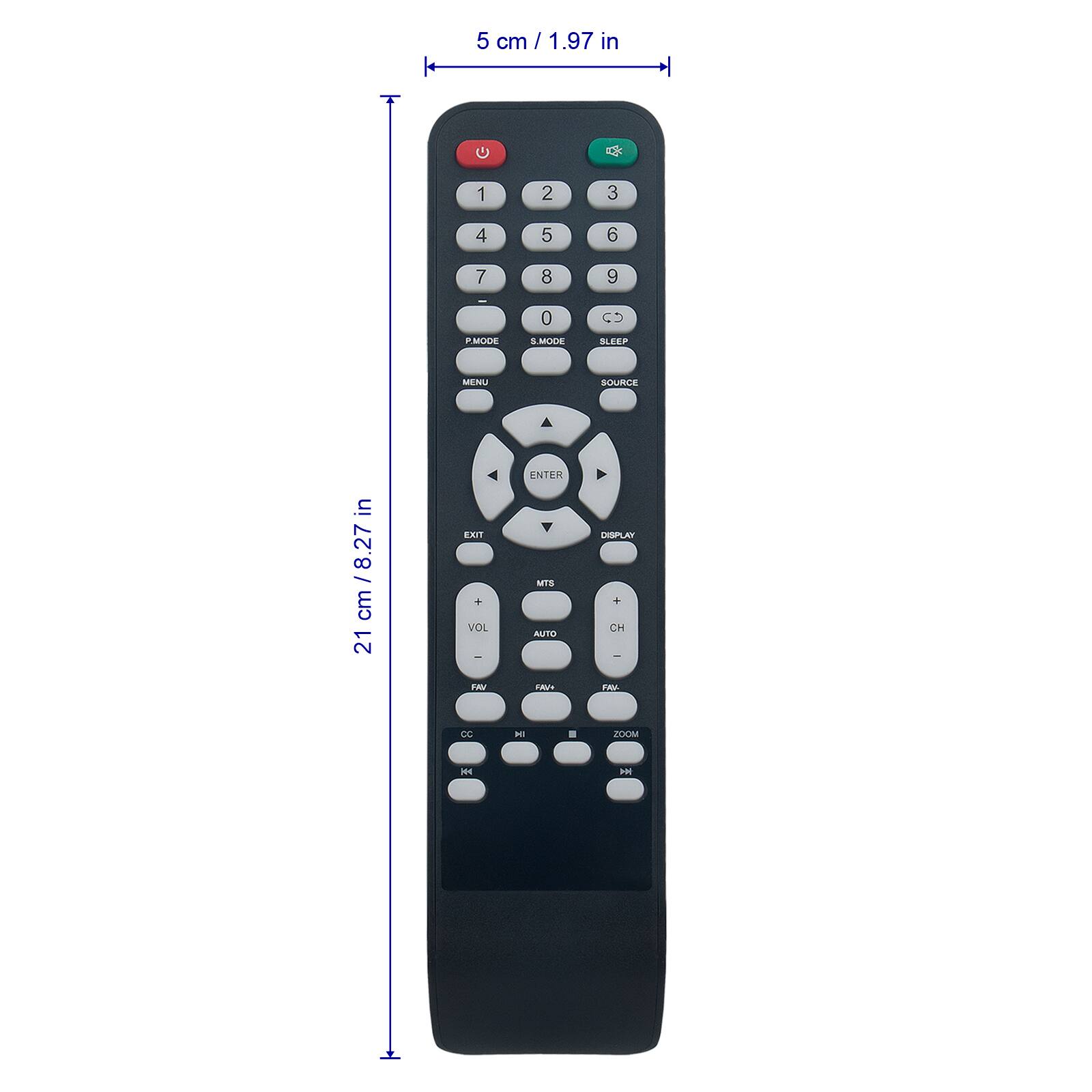 5 cm / 1.97 in  
21 cm / 8.27 cm  

1 2 3 4 5 6 7 8 9  
0  

P.MODE  
S.MODE  
SLEEP  
SOURCE  

MENU  
ENTER  

DISPLAY  

VOL +  
VOL -  

FAV +  
FAV -  

AUTO  
CH +  
CH -  

MTS  
FAV  
FAV  

CC  
MI  

ZOOM