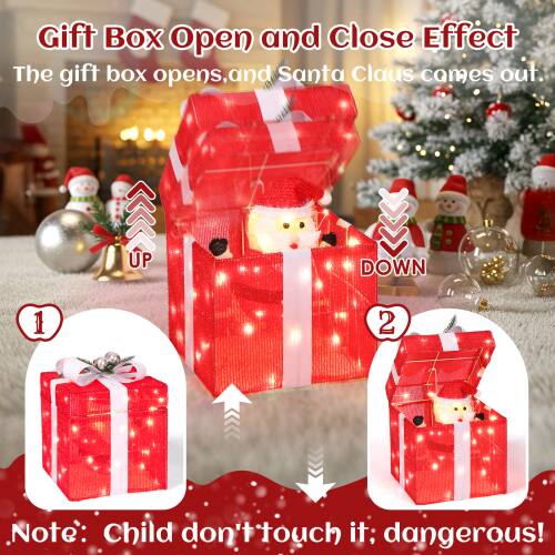 Gift Box Open and Close Effect  
The gift box opens, and Santa Claus comes out.  

UP DOWN 1 2  

Note: Child don't touch it; dangerous!