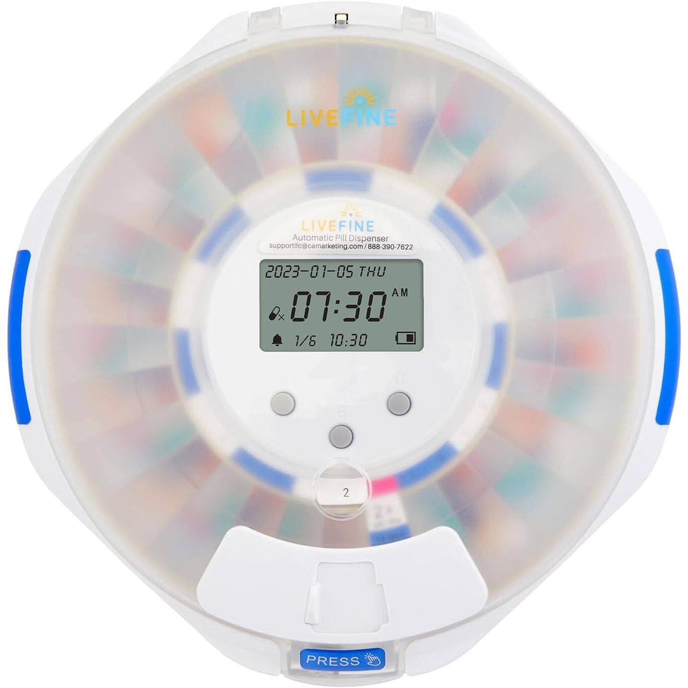 LIVEFINE Automatic Pill Dispenser  
support@camarketing.com / 888-390-7622  

2023-01-05 THU AM  
07:30  
1/6 10:30  
PRESS