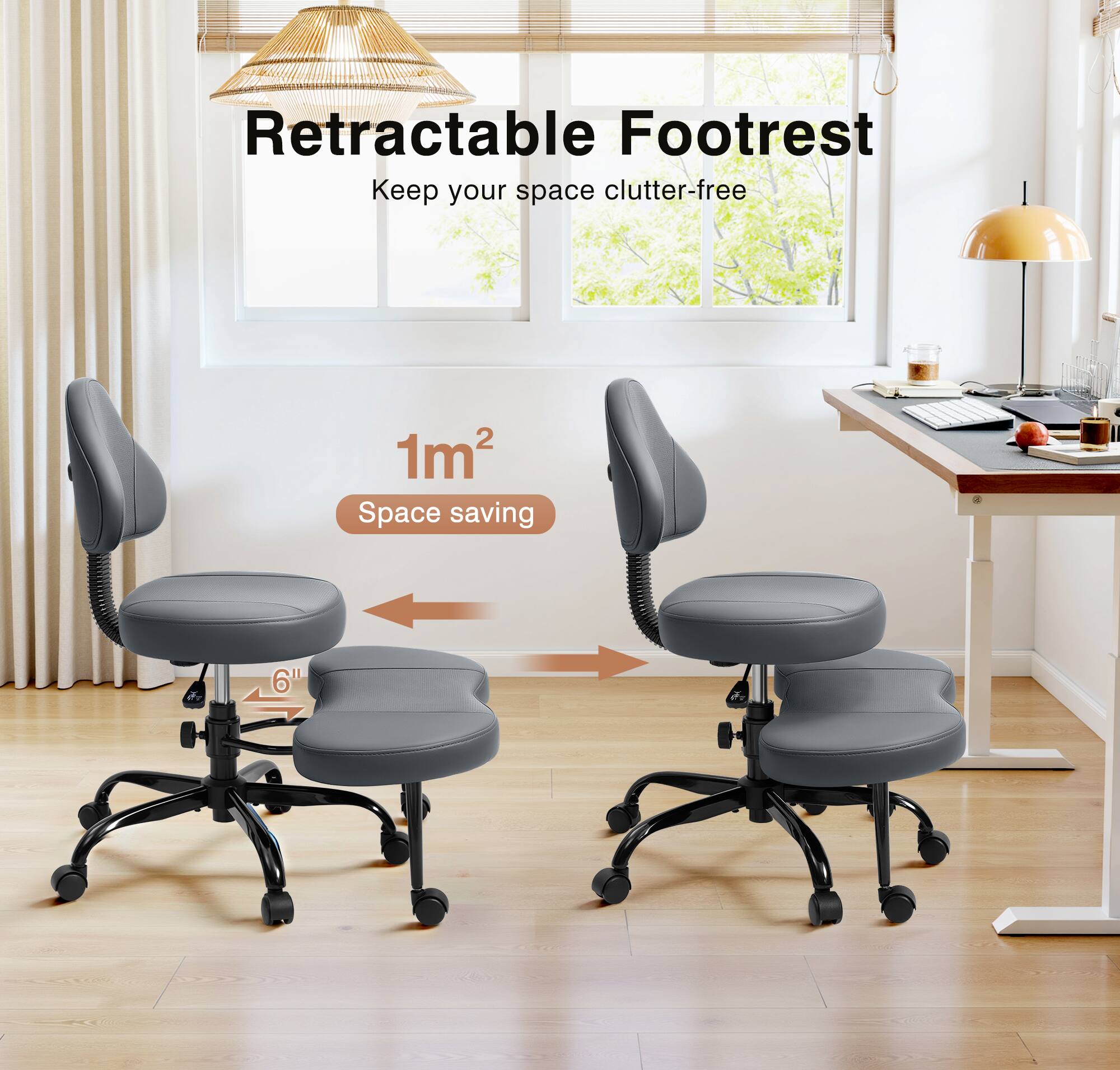 Retractable Footrest  
Keep your space clutter-free  

1m²  
Space saving  

6"