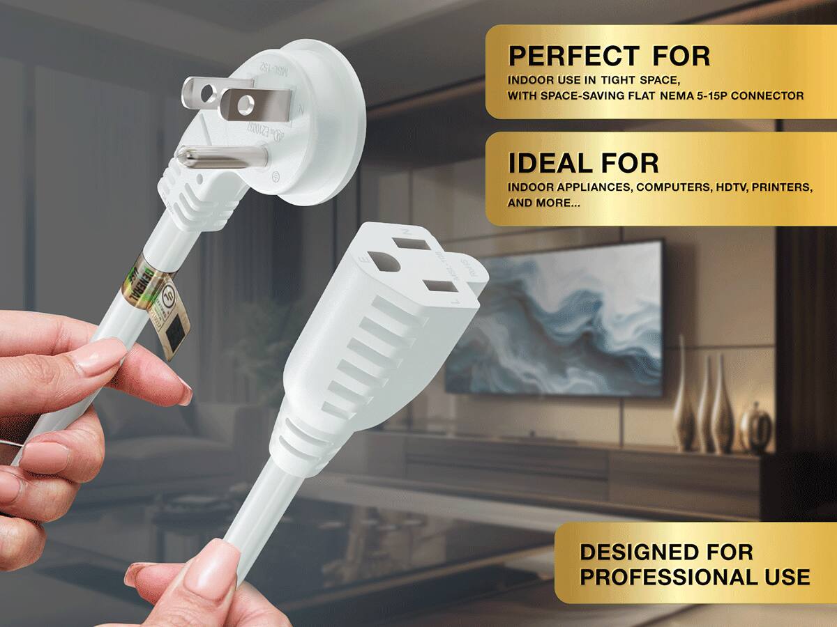 MSL-152 PERFECT FOR INDOOR USE IN TIGHT SPACE, WITH SPACE-SAVING FLAT NEMA 5-15P CONNECTOR  
IDEAL FOR INDOOR APPLIANCES, COMPUTERS, HDTV, PRINTERS, AND MORE...  
DESIGNED FOR PROFESSIONAL USE