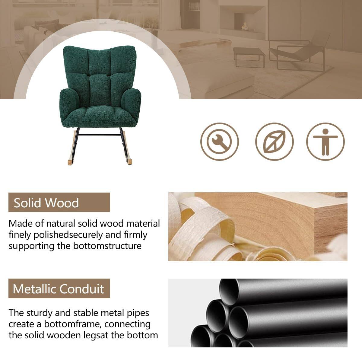 Solid Wood  
Made of natural solid wood material, finely polished, securely and firmly supporting the bottom structure.

Metallic Conduit  
The sturdy and stable metal pipes create a bottom frame, connecting the solid wooden legs at the bottom.