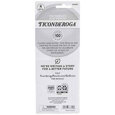 4 #2 HB X33309  
THE WORLD'S BEST PENCIL  
TICONDEROGA 100  

CLASSIC AND ICONIC, OUR PENCILS ARE CRAFTED TO STAND THE TEST OF TIME. WE ARE PROUD TO CELEBRATE OVER 100 YEARS OF EXCELLENCE.  

WE'RE WRITING A STORY FOR A BETTER FUTURE  
VISIT TiconderogaPencils.com/GoGreen FOR DETAILS  

pma 2000  
WARNING: DO0G 7206  
MADE IN CHINA  

(Additional text and symbols as shown on the packaging)