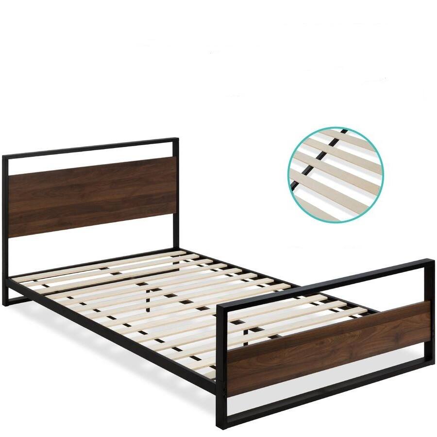 Angle. Hivvago - Modern FarmHome Queen Low Profile Metal Wood Platform Bed - Rustic Brown.