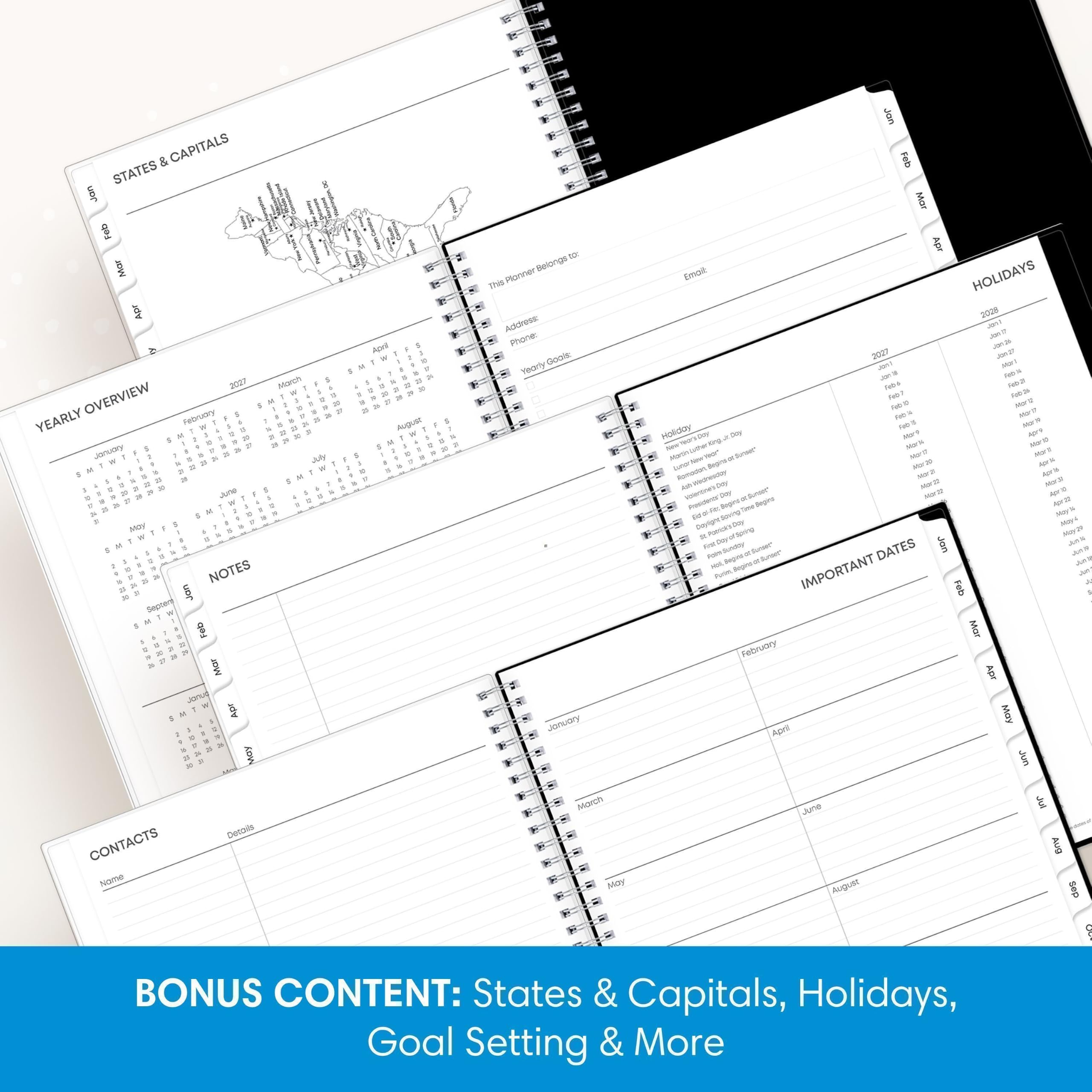 Jan & CAPITALS Feb STATES Jan Mar Feb Apr 202 Mor Planner Belongs Email HOLIDAYS This Apr Address 2028 and Phone: Jan17 by April - Gook 2027 Jon27 M Yearly JOT? MINT   Res 2027 March W U Febs RPP OVERVIEW g 29 NOT  to a = Avento Maril or YEARLY 25 20 nex Mor JK August Feb  z 2 at Holiday Hor? Apry Mar10 January 5 20 16 Mark July E Morif MON'S 20 Nor20 ABY'N M 312/27 6 x " I 2 Nor?? My3 4 0 14 2 : 20 20 une 5 Aprico 0 If 2 MM# If $ May Mays Noy20 1g Jan  I DATES if a NOTES IMPORTANT Feb ,, Septer Jon Feb Mar February Mar Apr $ Apr January May April May you March June Jul Details CONTACTS Aug Name May August sep 00 BONUS CONTENT: States & Capitals, Holidays, Goal Setting & More