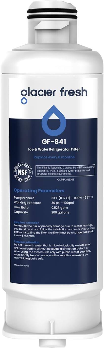 **Glacier Fresh**

**GF-841**  
Ice & Water Refrigerator Filter  
Replace every 6 months

---

**NSF Certified**  
This Filter is Tested and Certified by NSF International against NSF/ANSI Standard 42 for materials and structural integrity requirements.

---

**Operating Parameters**  
- Temperature: 33°F (0.6°C) - 100°F (38°C)  
- Working Pressure: 30 psi - 100 psi  
- Flow Rate: 0.528 gpm  
- Capacity: 200 gallons

---

**Requires Attention**  
To reduce the risk of property damage due to water leakage, you must read and follow the installation and user instructions before installing the filter. The filter must be changed at least every 6 months.

---

**Requires Attention**  
Do not use with water that is microbiologically unsafe or of unknown quality without adequate disinfection before or after using the system. Use only with public water supplies, municipally treated water, or other supplies known to be microbiologically safe.

---

Made in China