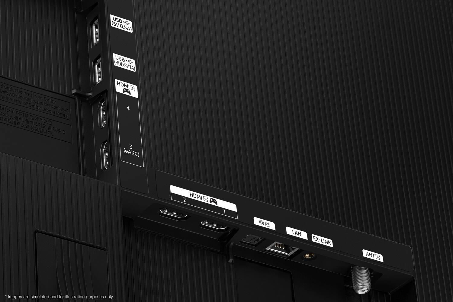 The text on the image reads:
USB (5V 0.5A) under license from Dolby Laboratories. USB (HDD 5V1A) (HDD HDMI 4 3 (eARC) 2 HDMI 1 C C LAN EX-LINK ANT E Images are simulated and for illustration purposes only.