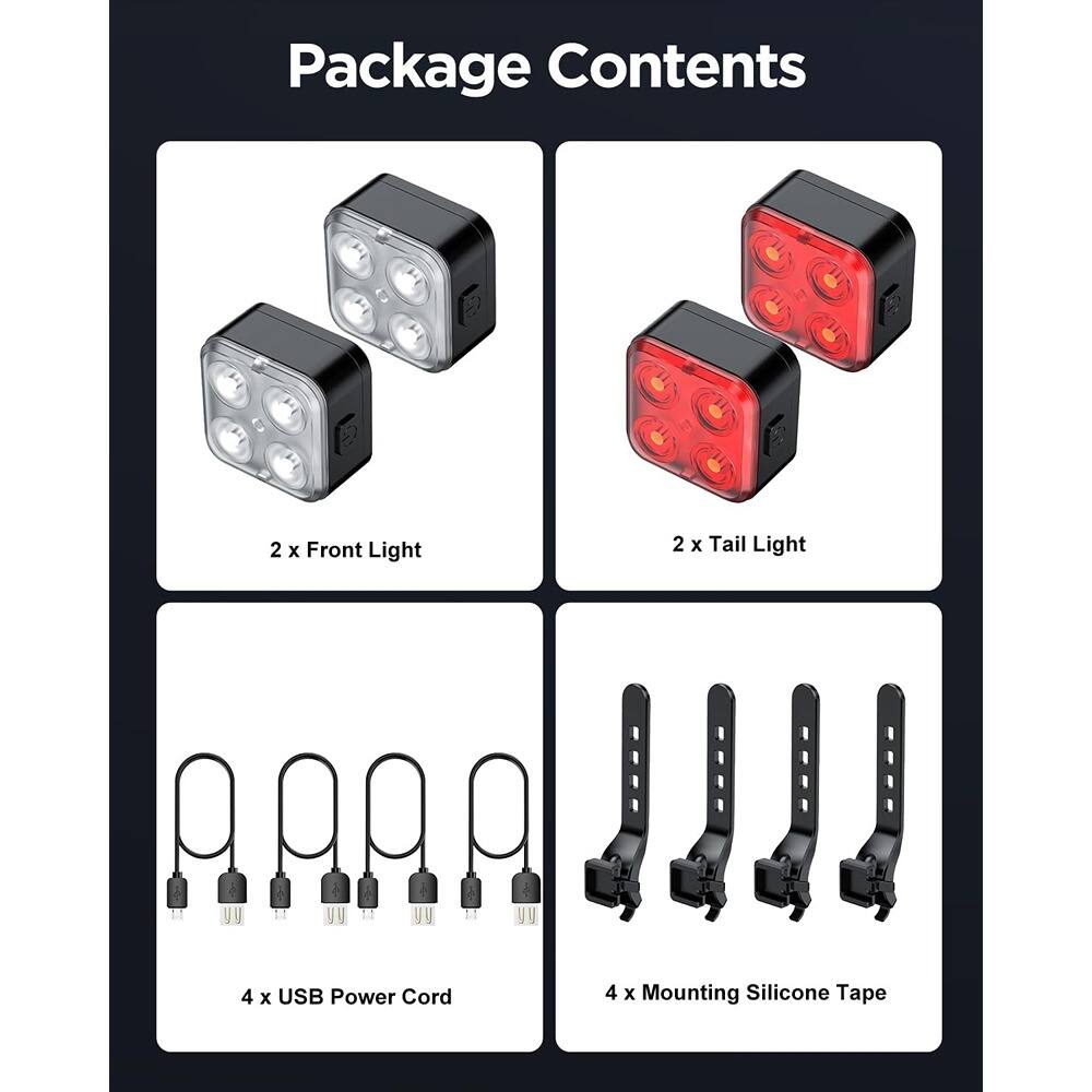 Package Contents

- 2 x Front Light
- 2 x Tail Light
- 4 x USB Power Cord
- 4 x Mounting Silicone Tape