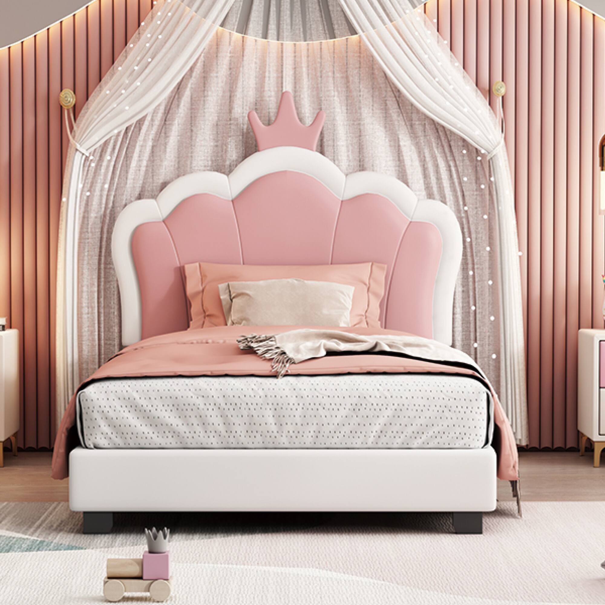 Alt View 7. GOODSILO - Twin Size Crown Headboard Upholstered Platform Bed with Headboard and Footboard for Girls Bedroom - Cream.