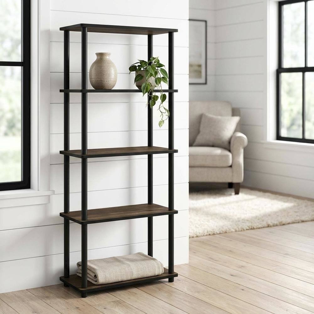 Angle. FurniFact - Wooden Bookcase with Open Shelving for Living Room Storage - Columbia Walnut/Black.