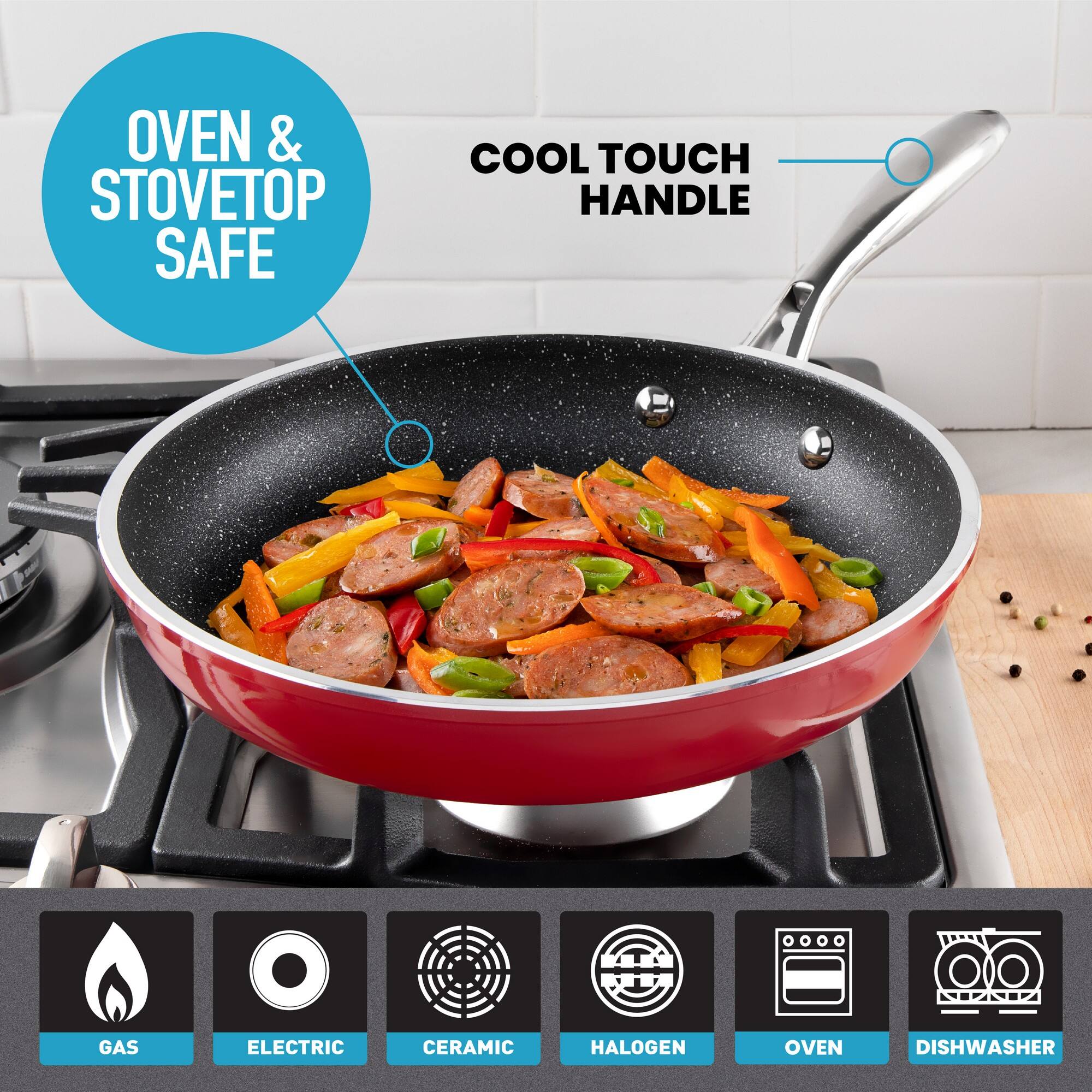 OVEN & STOVETOP SAFE, COOL TOUCH HANDLE, GAS, ELECTRIC, CERAMIC, HALOGEN, OVEN, DISHWASHER