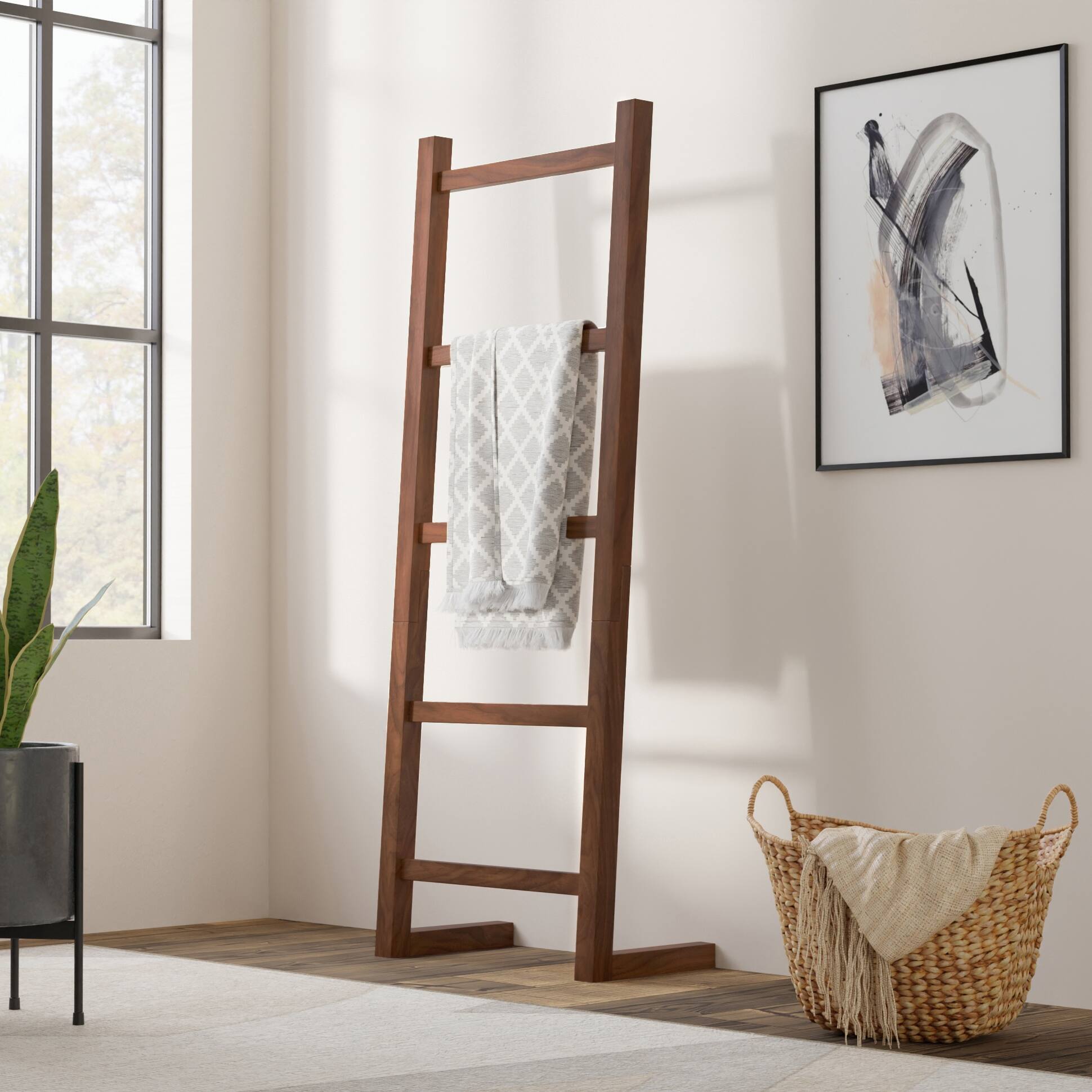 Angle. Simpli Home - Bray SOLID ACACIA WOOD 63 inch x 23 inch Contemporary Bath Towel and Blanket Ladder Shelf in Natural Walnut - Natural Walnut.