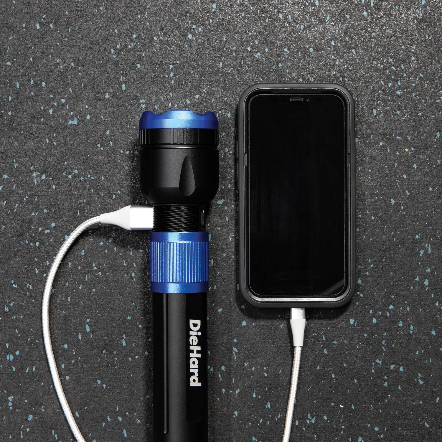 Left. DieHard - 3400 Lumen Water-Resistant Aluminum COB LED Rechargeable Flashlight, Power Bank.