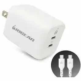 IOGEAR - GearPower Dual USB-C 65W GaN Charger - 65 W - 6 ft Cable - 20 V DC Output - 3.25 A - 1 - Black