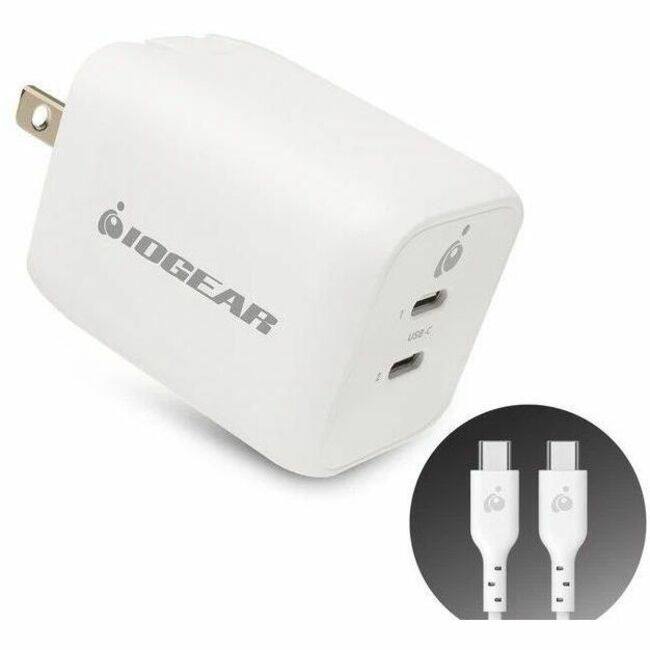 Front. IOGEAR - IOGEAR GearPower Dual USB-C 65W GaN Charger - 65 W - 6 ft Cable - 20 V DC Output - 3.25 A - 1 - Black.