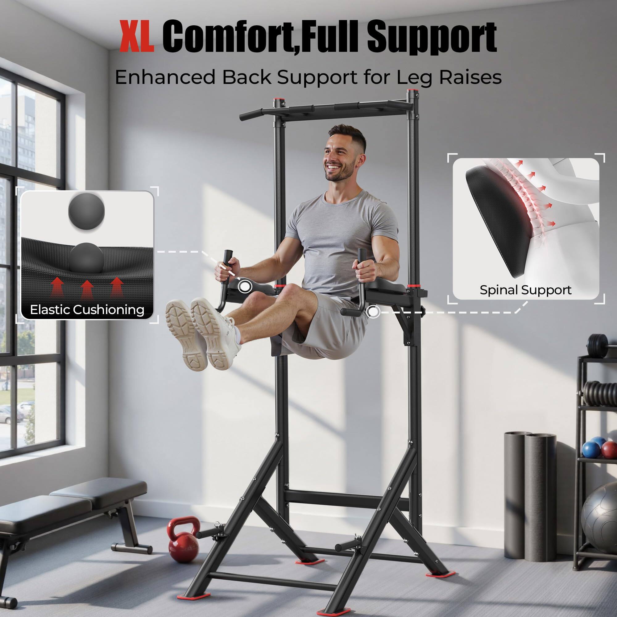 XL Comfort, Full Support  
Enhanced Back Support for Leg Raises  
Elastic Cushioning  
Spinal Support