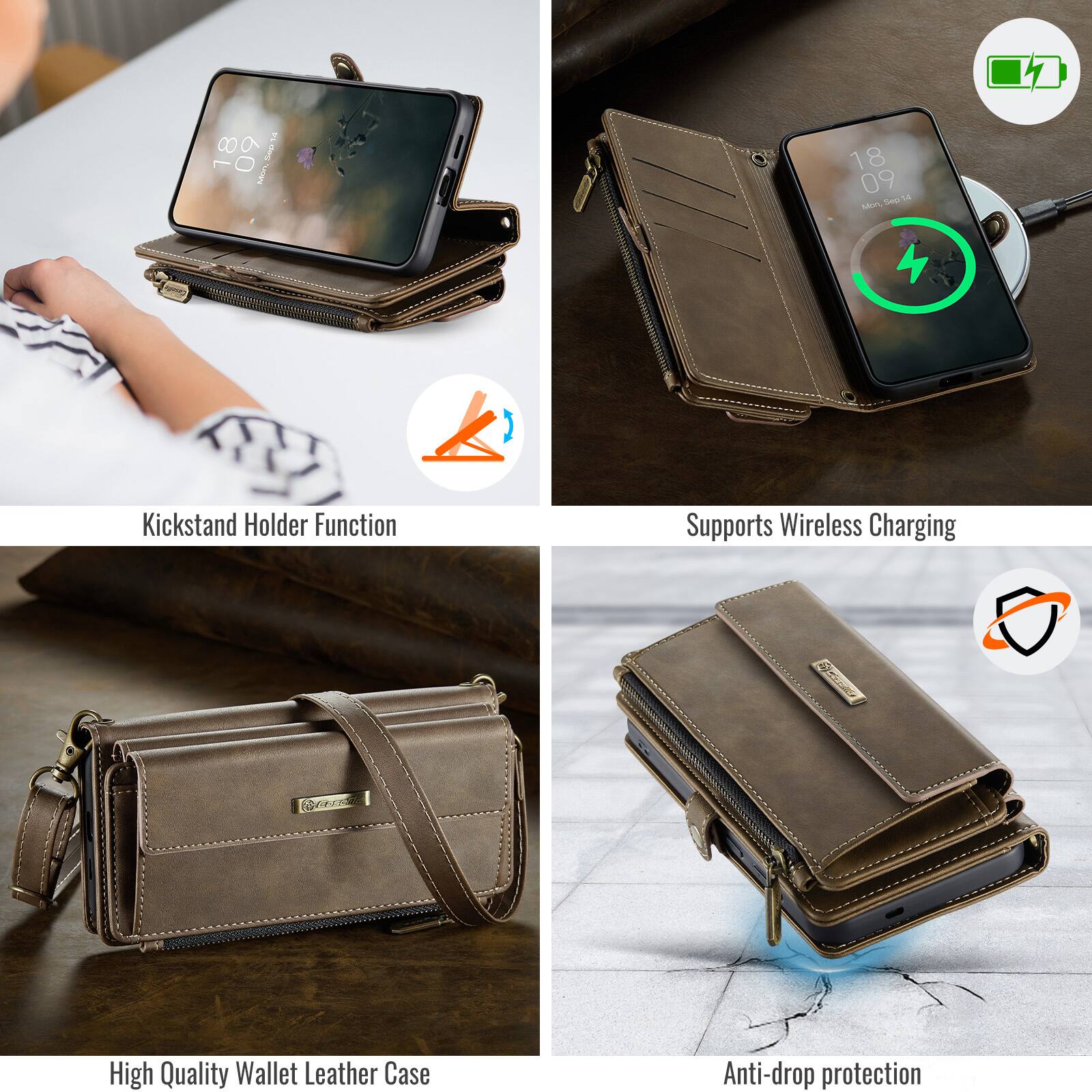 ST 18 0 MONT das

18 09 Mon, Sep 14

Kickstand Holder Function

Supports Wireless Charging

High Quality Wallet Leather Case

Anti-drop protection