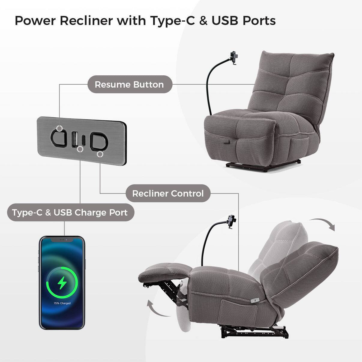 Power Recliner with Type-C & USB Ports, Resume Button, Recliner Control, Type-C & USB Charge Port, 75% Charged
