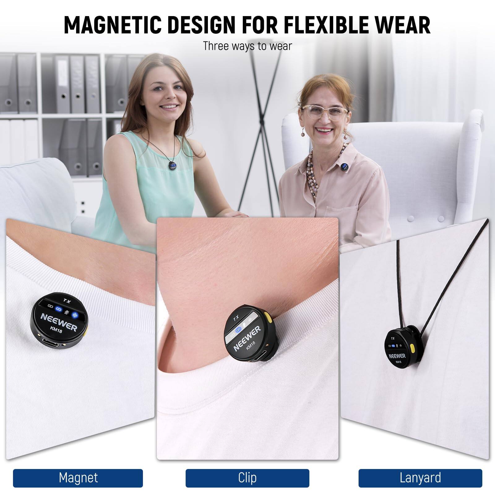 MAGNETIC DESIGN FOR FLEXIBLE WEAR  
Three ways to wear  

- Magnet  
- Clip  
- Lanyard