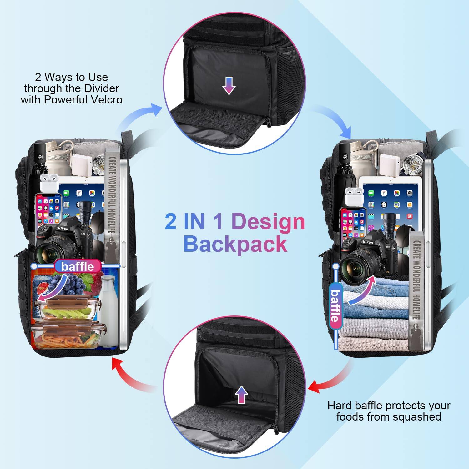 Left. Live At Space - Lunch Backpack  Laptop 15.6 Inch Work W/insulated Cooler Box For Men Women Casual Daypack Commuter Picnic College Black - Black-L-15.6 inch.