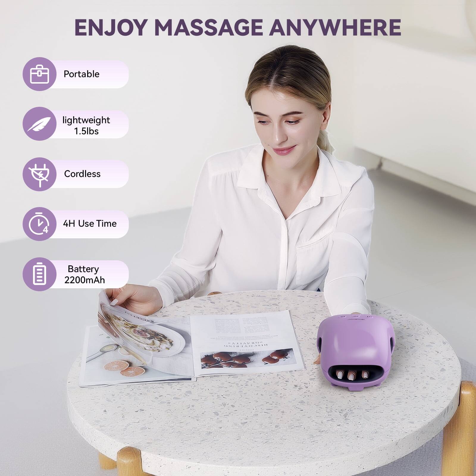 ENJOY MASSAGE ANYWHERE

- Portable
- Lightweight 1.5lbs
- Cordless
- 4H Use Time
- Battery 2200mAh

"ONAVITS" INGERNING