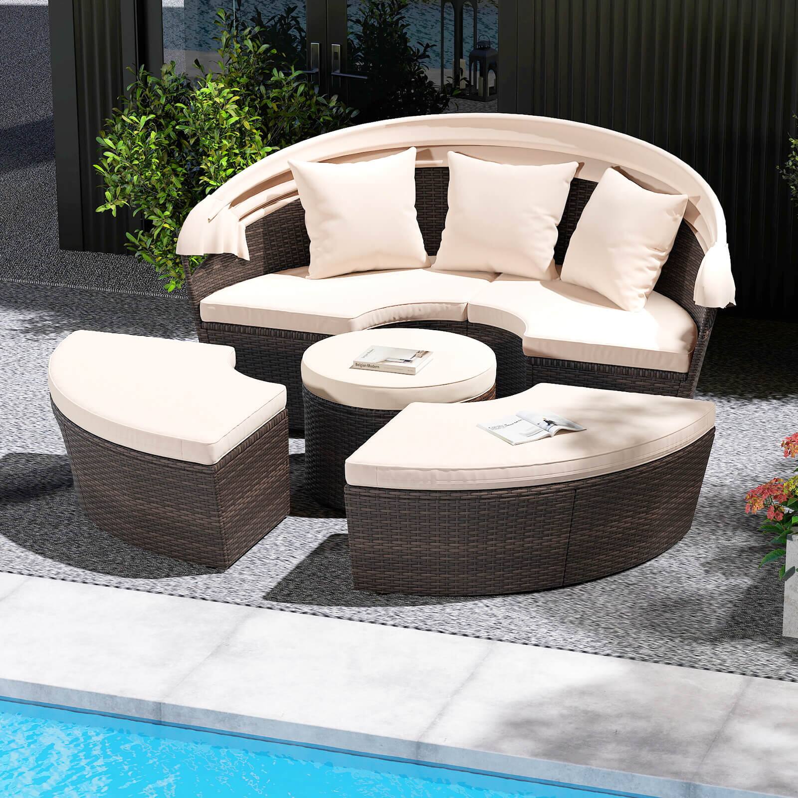 Alt View 3. Costway - Costway Patio Round Daybed PE Rattan Cushioned Sectional Seating with Retractable Canopy - White.