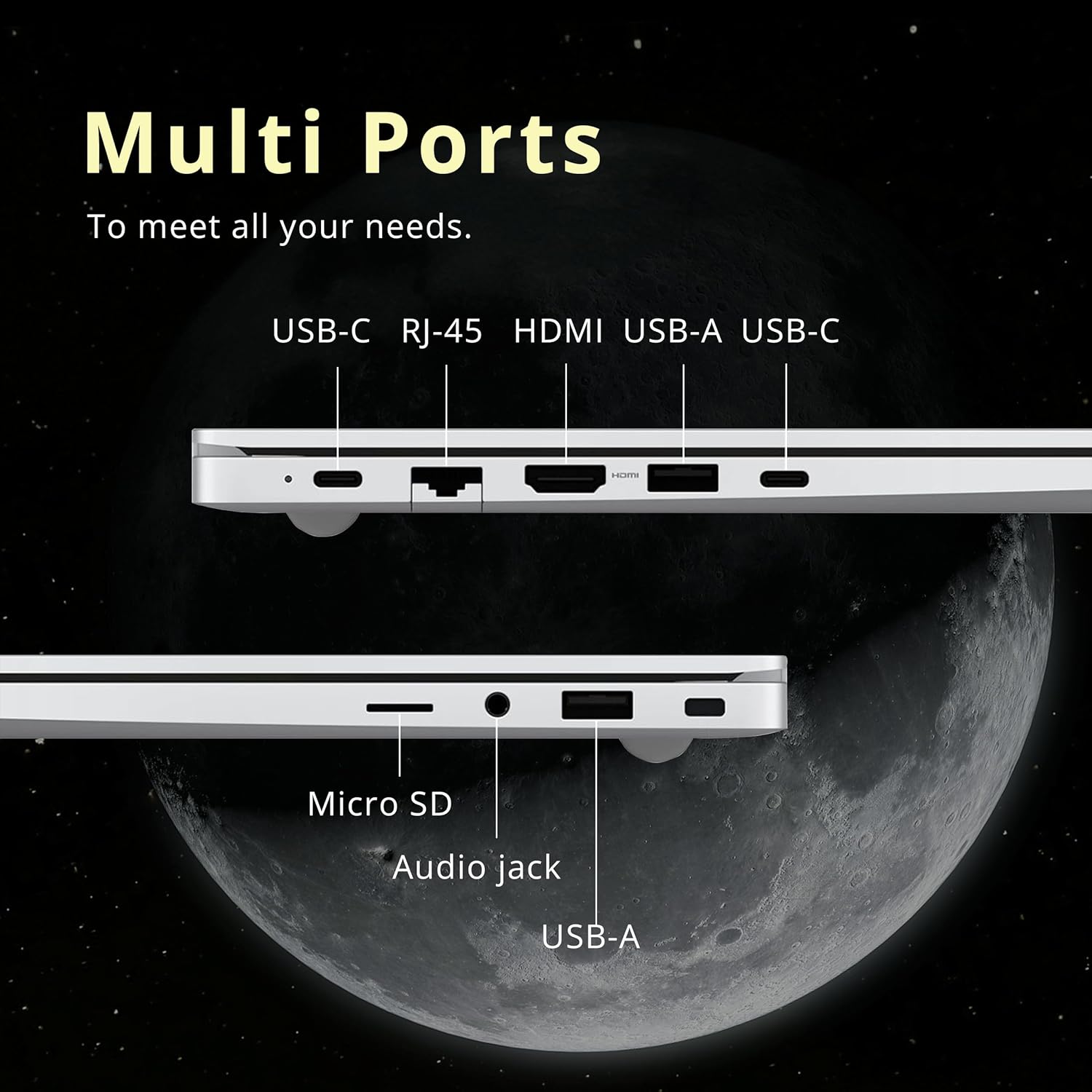 Multi Ports To meet all your needs. USB-C RJ-45 HDMI USB-A USB-C Micro SD Audio jack USB-A