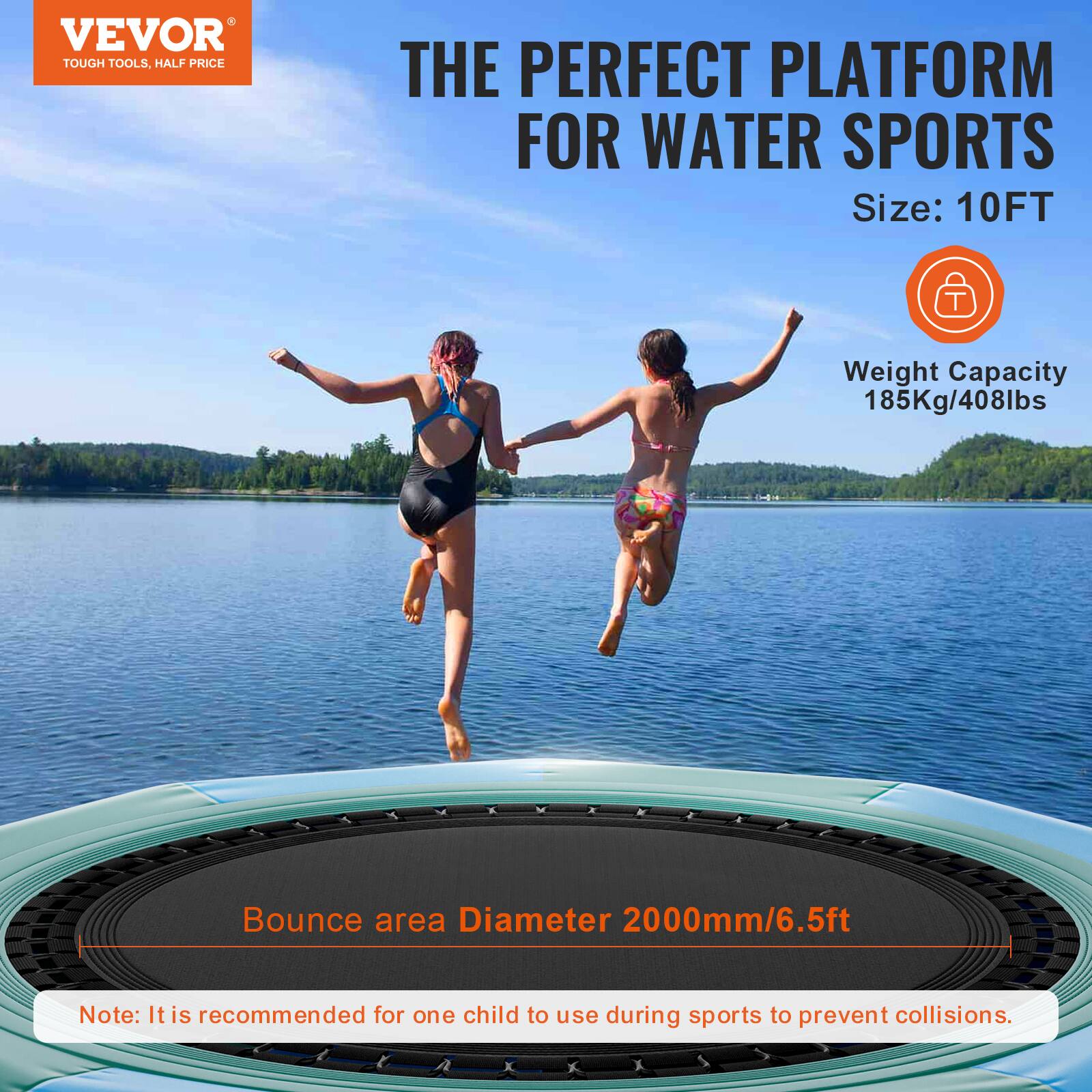 VEVOR TOUGH TOOLS, HALF PRICE. THE PERFECT PLATFORM FOR WATER SPORTS. Size: 10FT. Weight Capacity: 185Kg/408lbs. Bounce area Diameter: 2000mm/6.5ft. Note: It is recommended for one child to use during sports to prevent collisions.