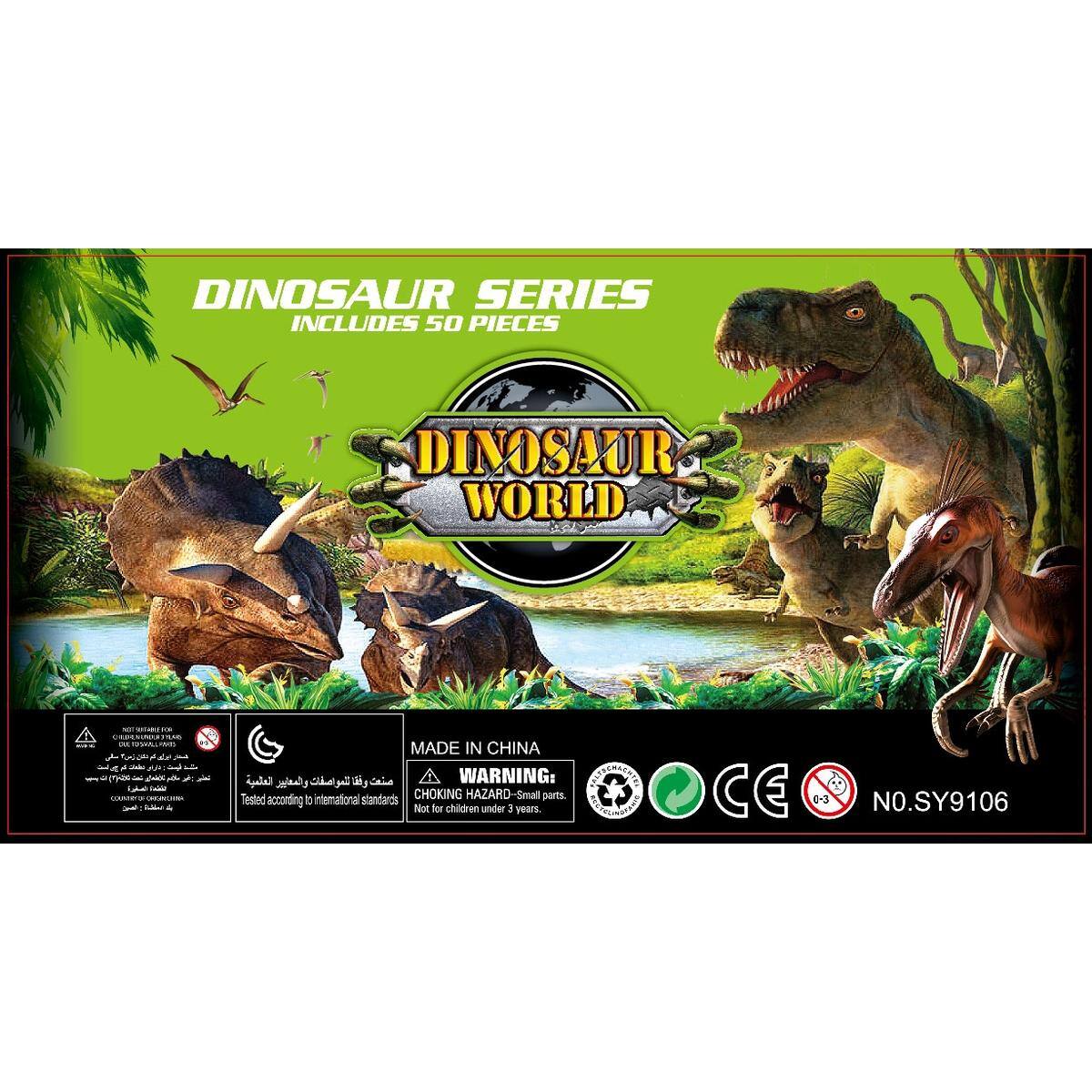 DINOSAUR SERIES  
INCLUDES 50 PIECES  

DINOSAUR WORLD  

MADE IN CHINA  

WARNING: CHOKING HAZARD - Small parts. Not for children under 3 years.  

Tested according to international standards  

CE 0-3  

NO.SY9106