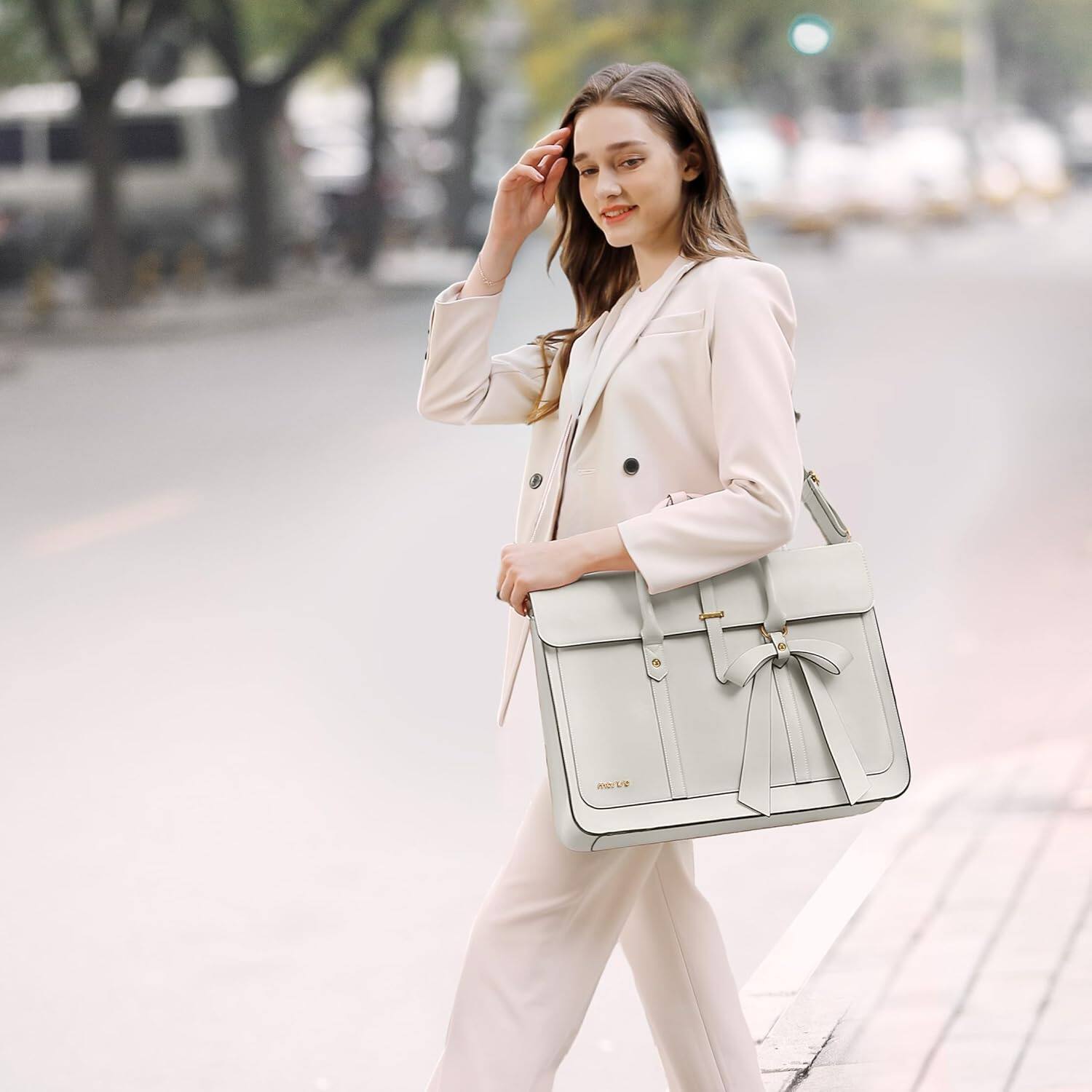 Left. mosiso - Laptop Bag for Women 15-15.6 inch PU Leather Laptop Shoulder Bags Convertible Backpack Casual Handbag Work Computer Bag - Beige.