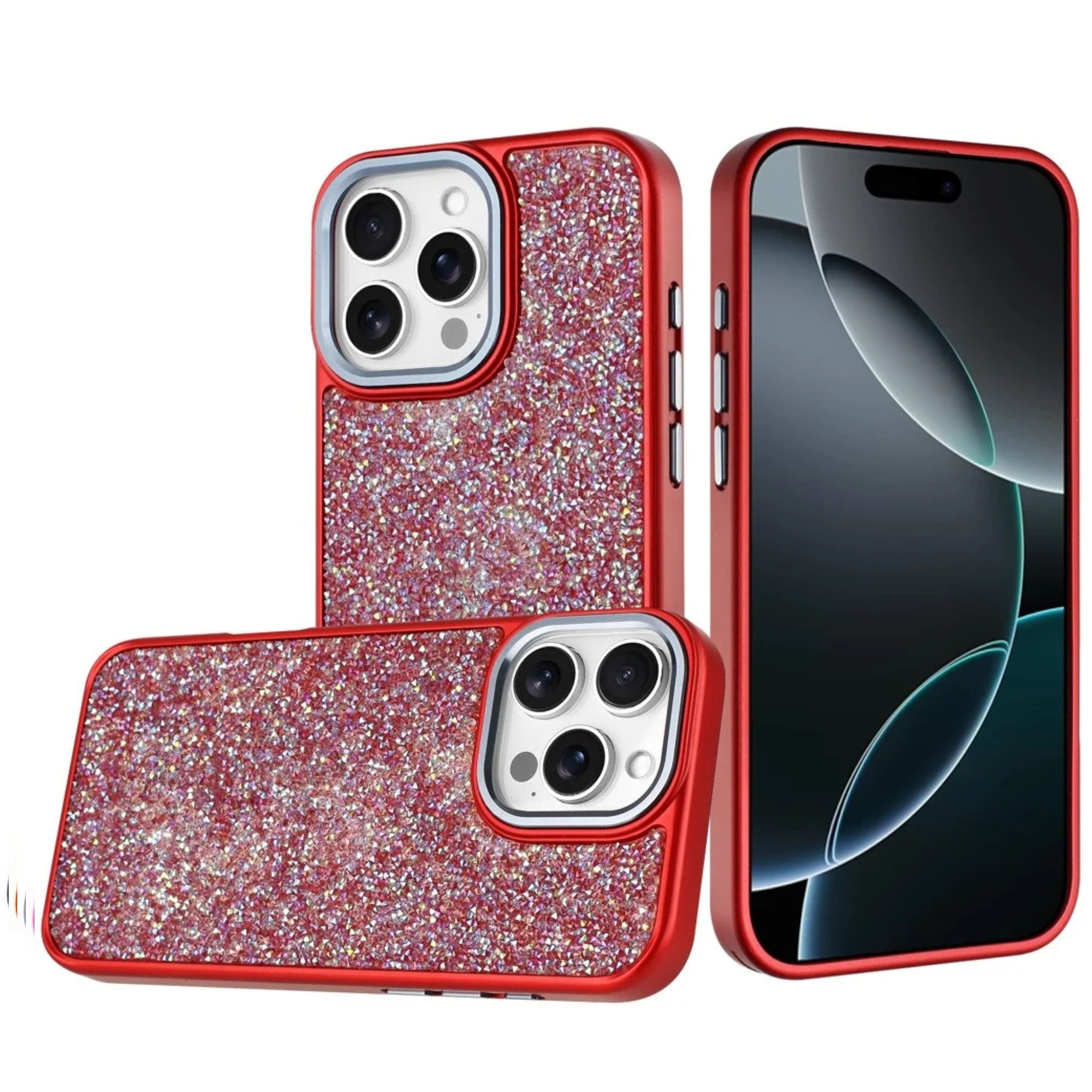 Kitcheniva - Full Crystal Bling Metallic Button Case With Tempered Glass For iPhone 16 Pro Max - Red price history on PriceWatchPro