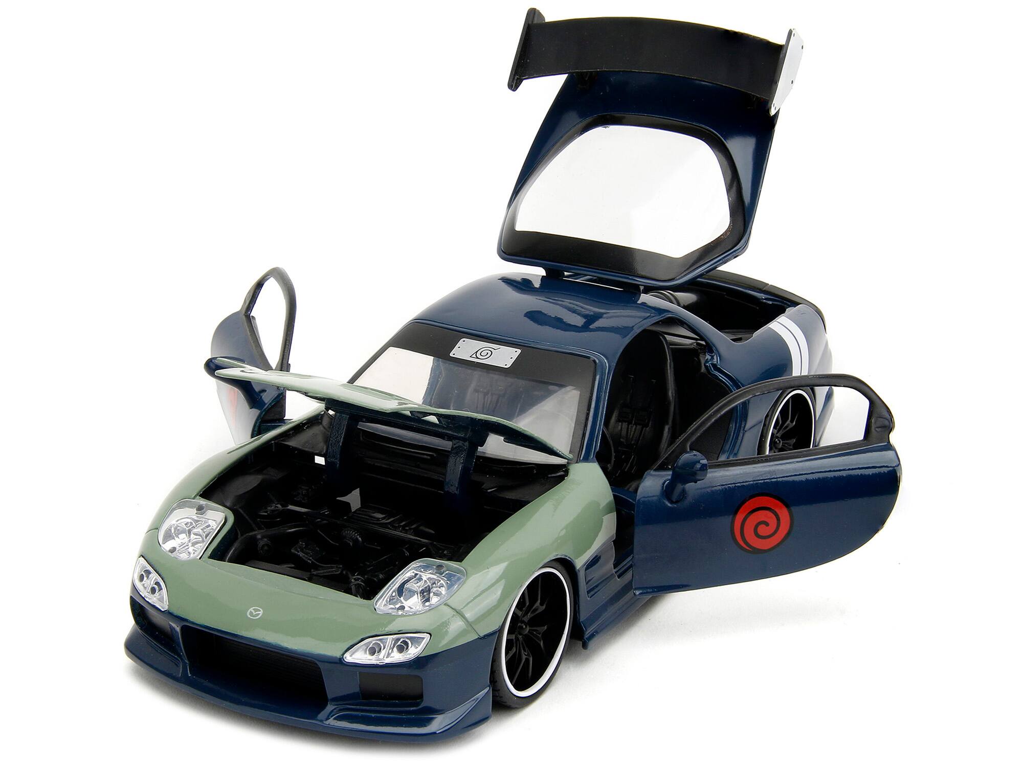 Alt View 1. Jada - 1993 Mazda RX-7 Dark Blue w/Green Hood and Figure "Naruto Shippuden" (2009-2017) TV 1/24 Model Car by Jada.