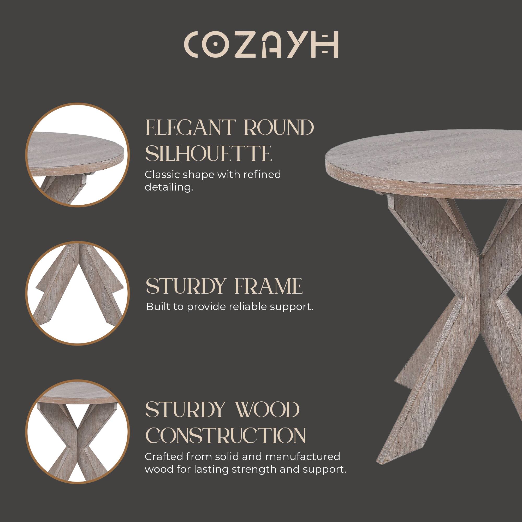 COZAYH

ELEGANT ROUND SILHOUETTE  
Classic shape with refined detailing.

STURDY FRAME  
Built to provide reliable support.

STURDY WOOD CONSTRUCTION  
Crafted from solid and manufactured wood for lasting strength and support.