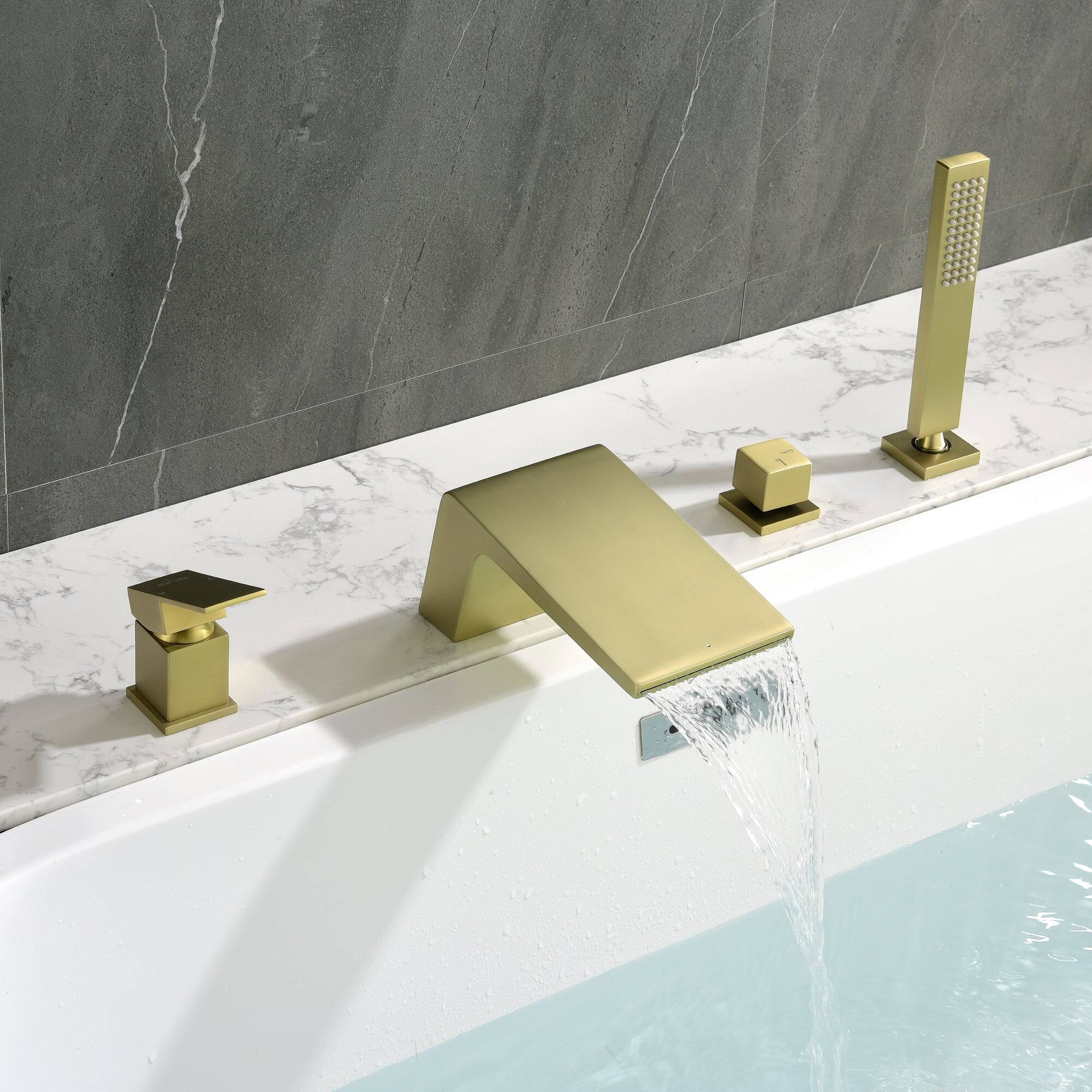 Alt View 10. Boyel Living - Single-Handle Tub Deck Mount Roman Tub Faucet with Hand Shower and Water Suply Hose in Brushed Gold - Brushed Gold.