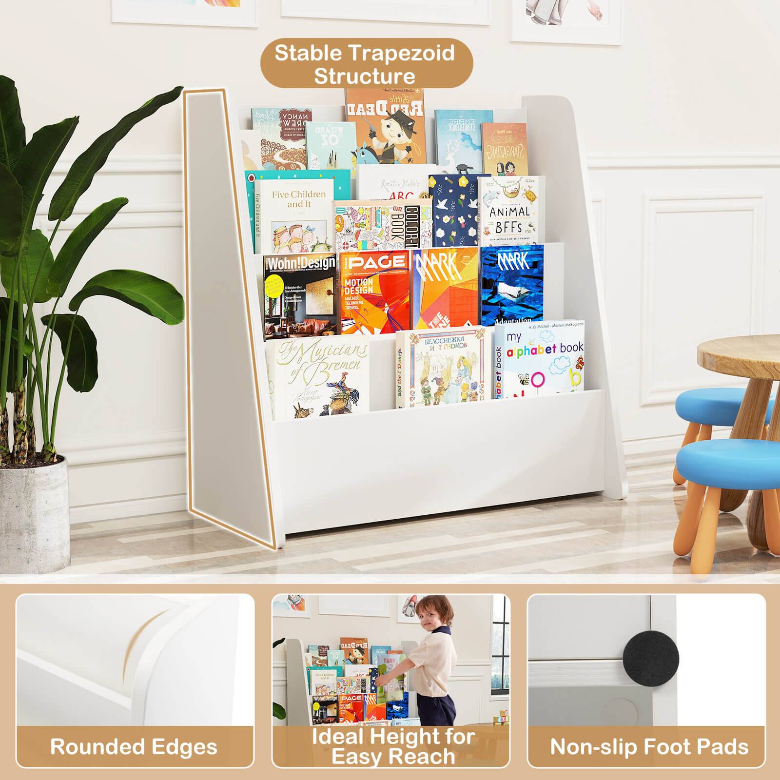 Stable Trapezoid Structure: A bookshelf with a unique trapezoid shape that provides stability and a modern look.

Jumbo Bookshelf: A large bookshelf that can hold a variety of books and other items, making it a versatile addition to any room.

Rounded Edges: Bookshelves with rounded edges that add a touch of elegance and sophistication to the overall design.

Ideal Height for Easy Reach: Bookshelves designed to be at an ideal height for easy access to books and other items, promoting comfort and convenience.

Non-slip Foot Pads: Bookshelves with non-slip foot pads that prevent them from sliding or moving on the floor, ensuring stability and safety.