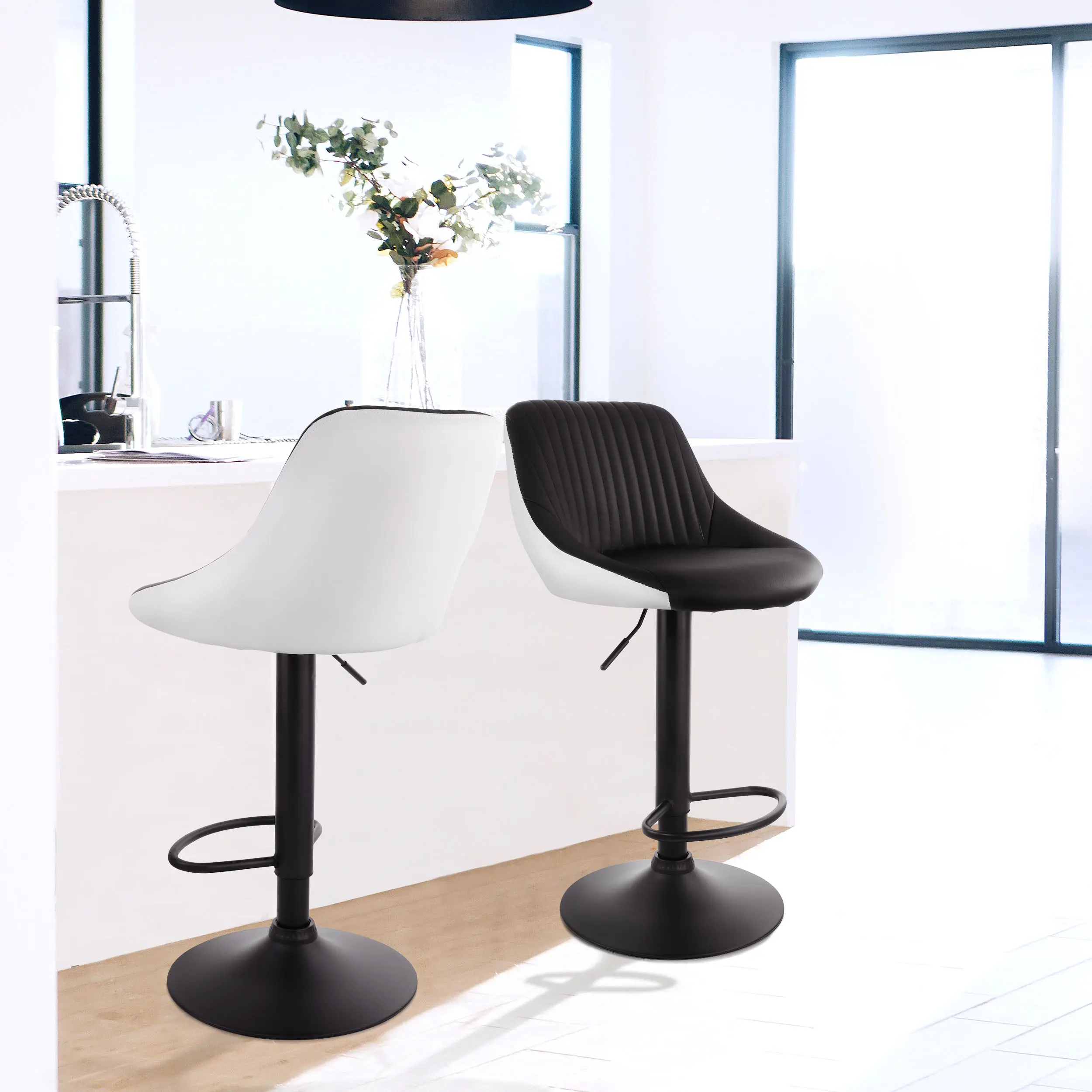 Alt View 8. Elama - Elama 2 Piece Faux Leather Adjustable Bar Stool in Black and White with Black Base - Black and White.